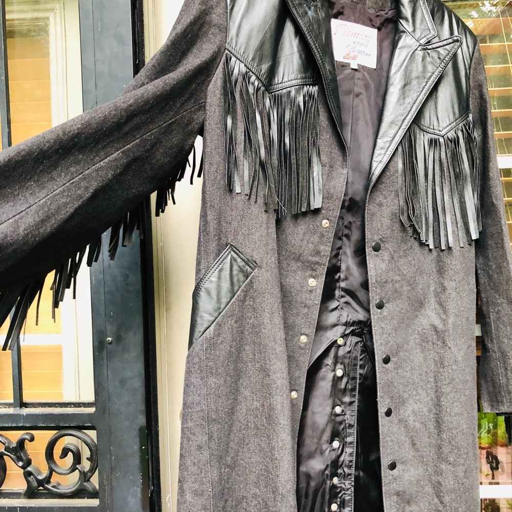 VTG DIAMOND DENIM & LEATHER DUSTER FRINGE COAT